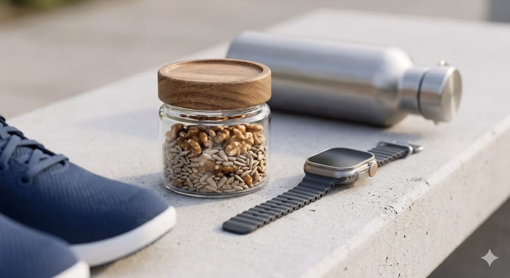 A pair of modern running shoes, an Apple Watch or fitness tracker (on a wrist or resting nearby), a reusable water bottle, and a small, neat container of walnuts and sunflower seeds resting together on a textured bench.