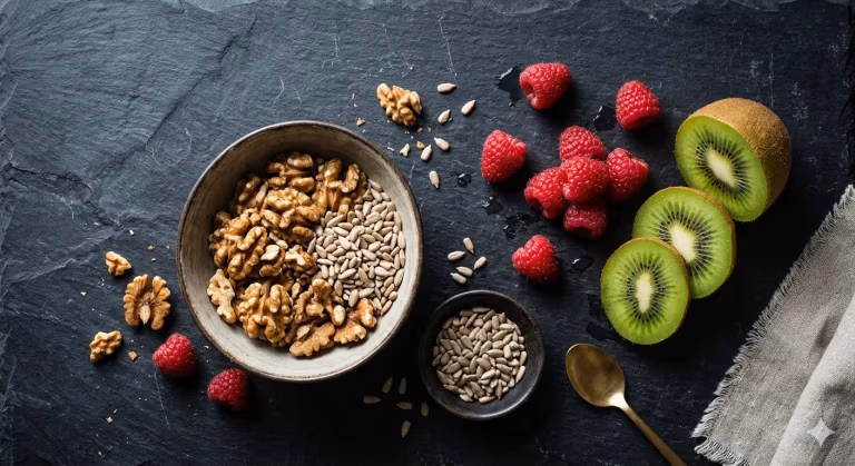 Healthy foods such as raspberries, almonds, oats, and seeds in a bowl, Sundance Calgary Coldrick Health & Fitness