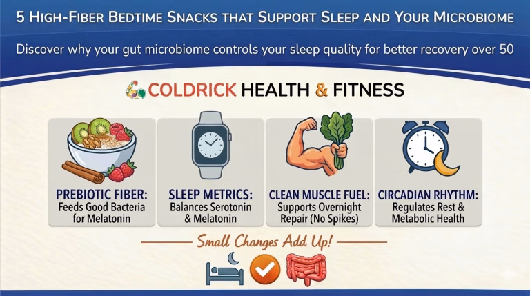 5 High-Fibre Bedtime Snacks infographic: how gut health impacts sleep, muscle recovery, and the migrating motor complex for adults over 50 in Calgary.